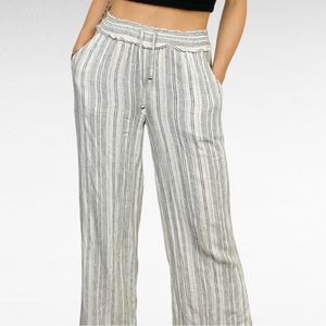 Democracy | Coastal Ivory & Black Linen Blend High Waist Woven Wide Leg Pants
